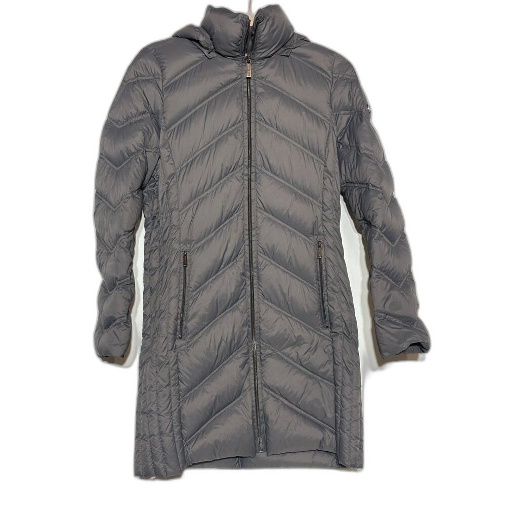 Michael Kors Gray 3/4 Length Chevron Hooded Packable Quilted Puffer Coat XS